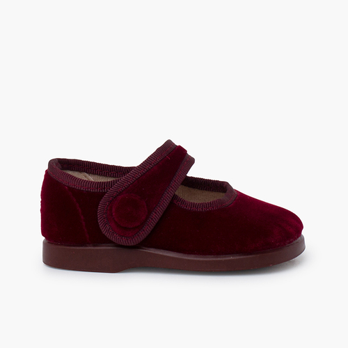 Babies en velours avec bouton à scratch pour petites filles Bordeaux