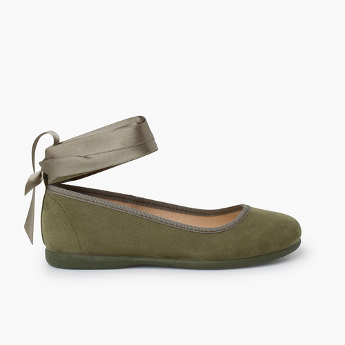 Ballerines pour Fille et Femme Avec Rubans en Satin et Bride Olive Vert