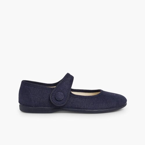 Chaussures babies fille lin à scratch bouton Bleu Marine