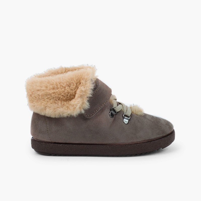 Bottes fourrure à scratch enfants semelle crantée Taupe