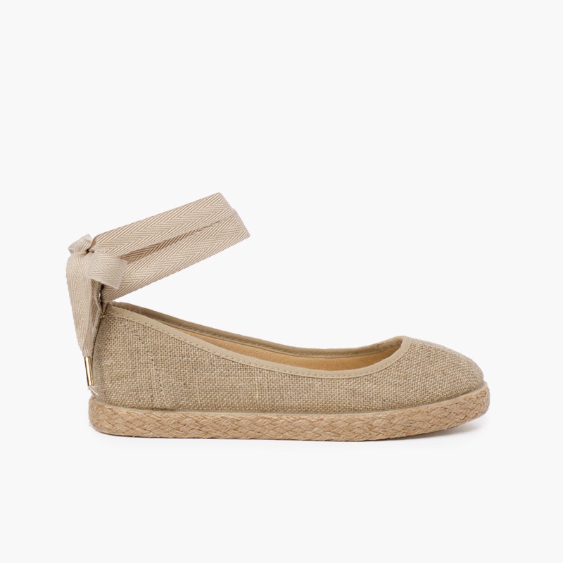 Ballerines fille en lin avec ruban et jute  Beige