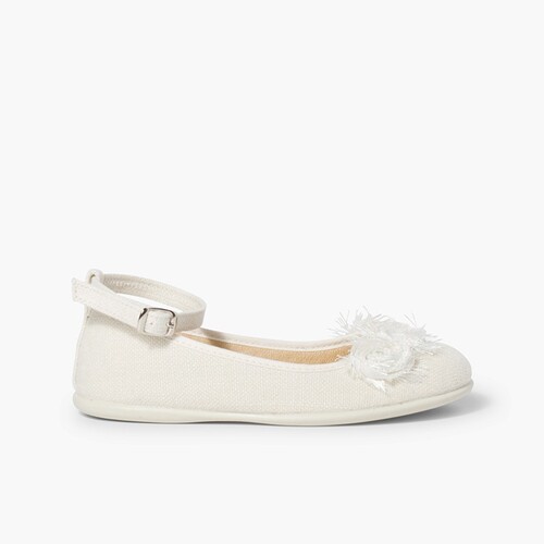 Ballerines pour Fille en lin avec bracelet à fleur Beige
