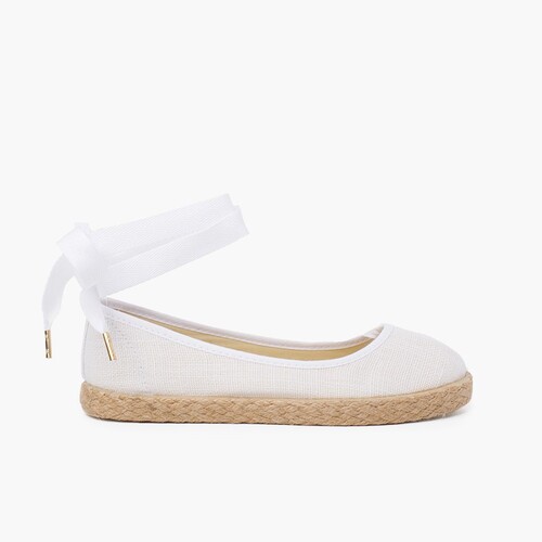 Ballerines fille en lin avec ruban et jute  Blanc