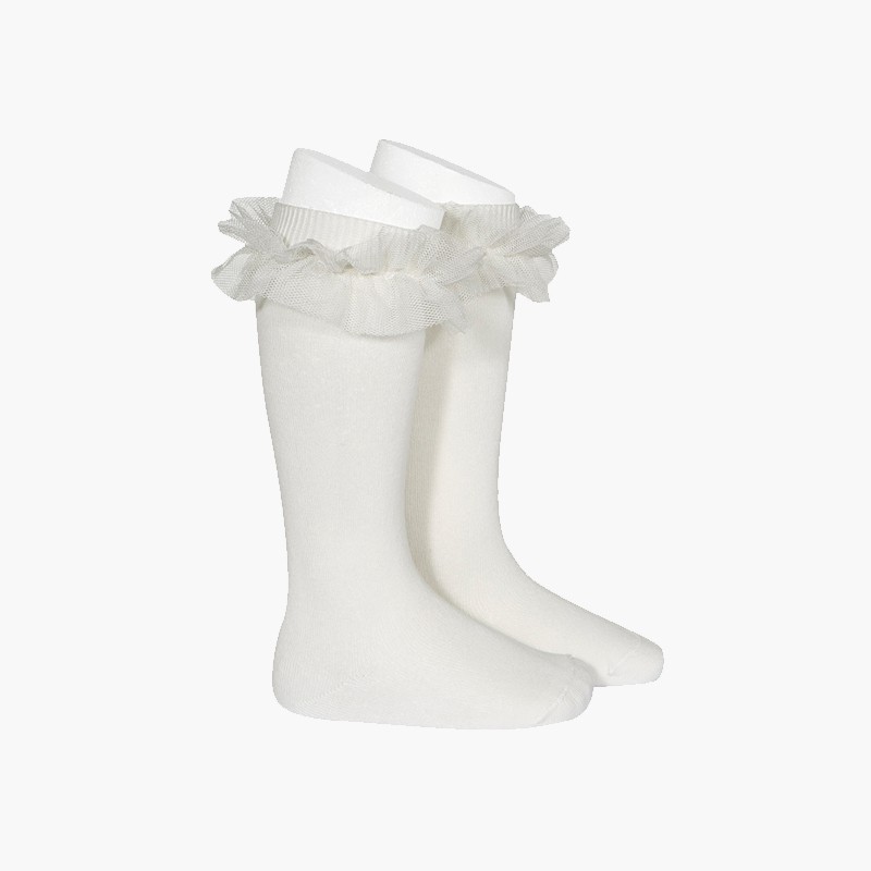 Chaussettes hautes unies avec bande de tulle Crème