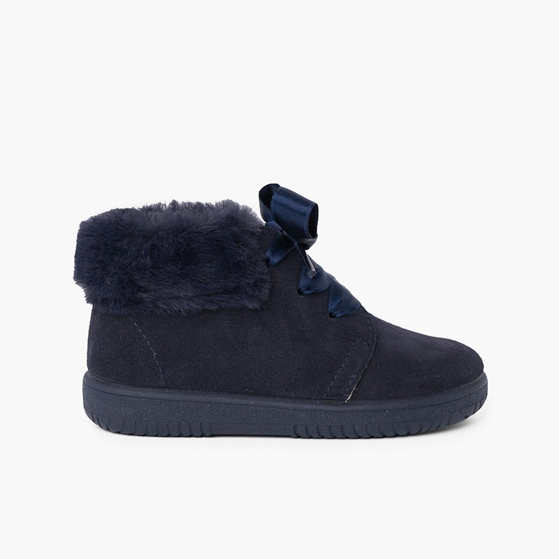 Bottines en Suède Fille Col Fourrure Lacets en Satin Bleu Marine
