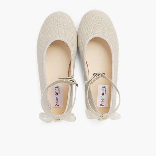Ballerines pour Fille et Femme à fermeture bracelet en lin avec nœud arrière en organza Beige