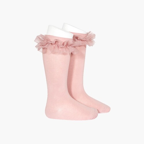 Chaussettes hautes unies avec bande de tulle Rose Claire