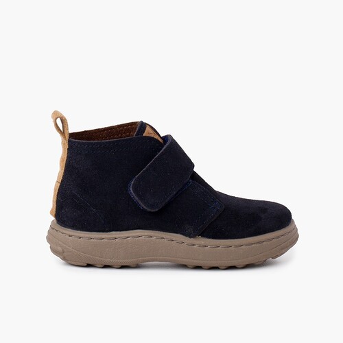 Bottes en Suède garçon semelle sport avec sangle adhérente Bleu Marine