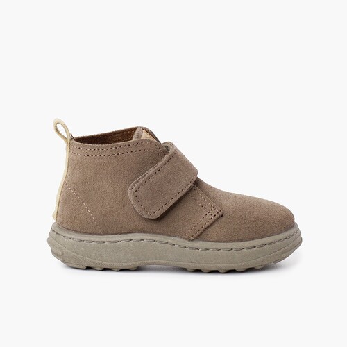 Bottes en Suède garçon semelle sport avec sangle adhérente Taupe