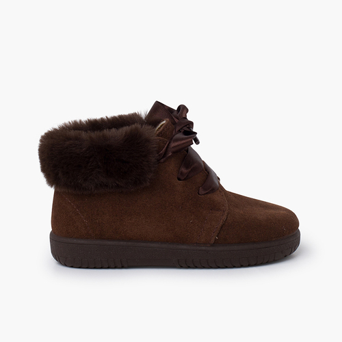 Bottines en Suède Fille Col Fourrure Lacets en Satin Marron