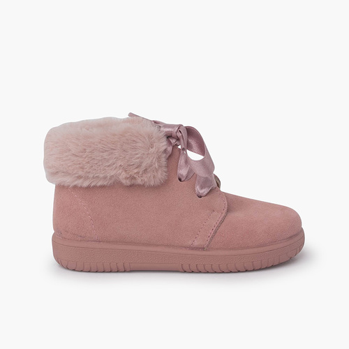 Bottines en Suède Fille Col Fourrure Lacets en Satin Rose