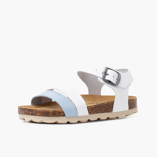 Sandale à lanières bicolore avec semelle bio ergonomique Blanc et Bleu Clair