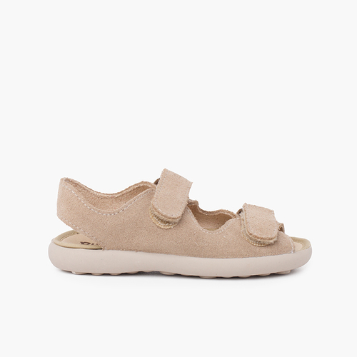 Sandale en croûte de cuir avec bandes avant adhérentes Beige