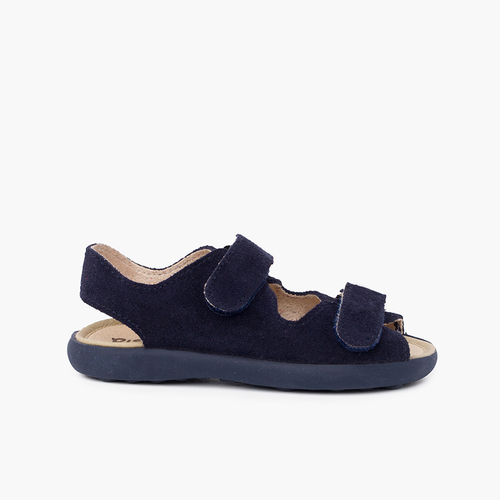 Sandale en croûte de cuir avec bandes avant adhérentes Bleu Marine