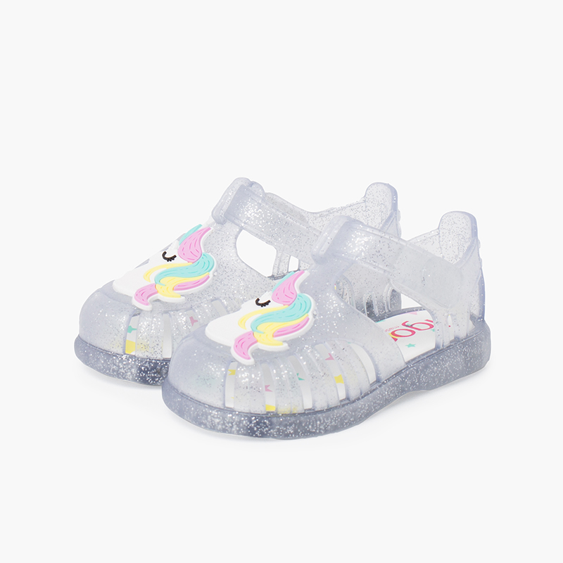 Sandales de plage bande adhésive avec licorne pailletées Blanc