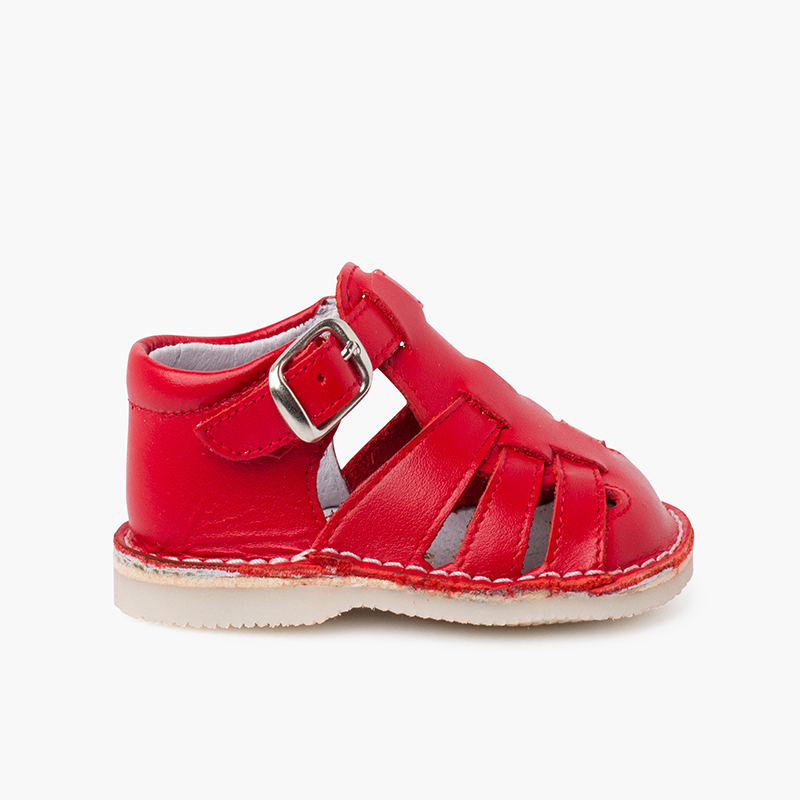 Sandales crabe en cuir pour bébé avec fermeture à boucle Rouge