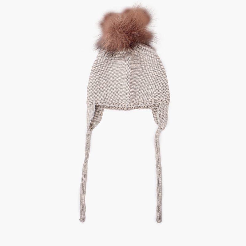 Bonnet laine avec cache-oreilles et pompon fourrure Beige