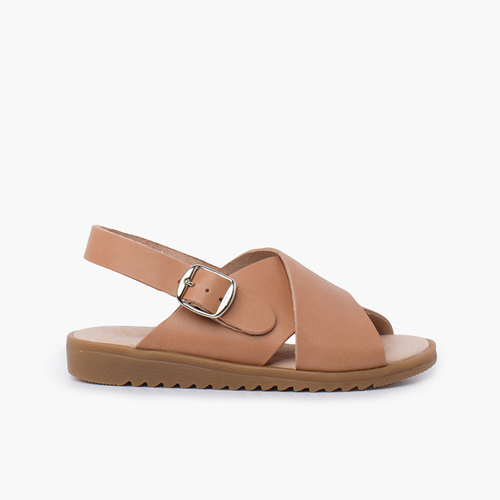 Sandale croisée en cuir à larges brides Beige