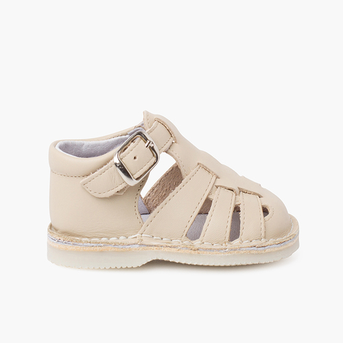 Sandales crabe en cuir pour bébé avec fermeture à boucle Beige