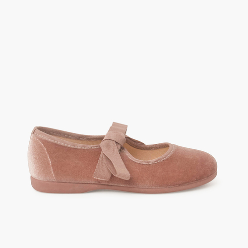 Chaussures babies velours avec nœud gros-grain filles  Rose Pâle