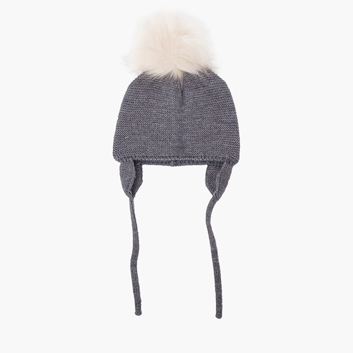 Bonnet laine avec cache-oreilles et pompon fourrure Gris Medio