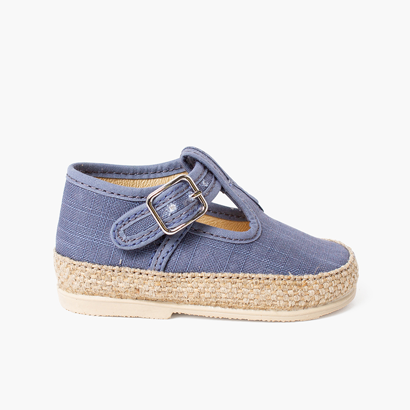 Salomés pour bébé en lin et jute avec fermeture à boucle Bleu denim