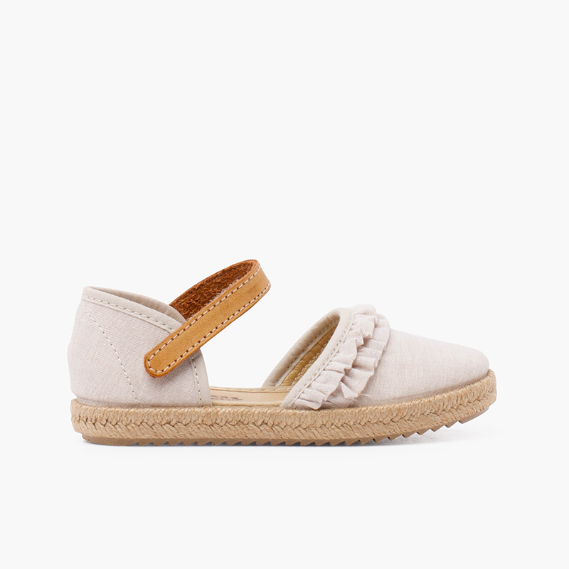 Espadrilles à volants fille avec bride en cuir adhérente Beige