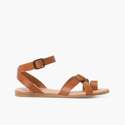 Sandales entredoigts en cuir avec fermeture à boucle Couleur Cuir
