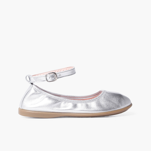 Ballerines en cuir élastiqué avec fermeture bracelet Argent