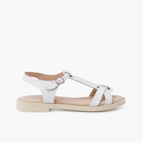Sandales en cuir souple bride centrale tressée Blanc