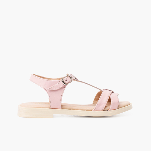 Sandales en cuir souple bride centrale tressée Rose