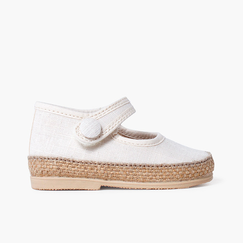 Chaussures babies en lin et jute pour bébé détail bouton Blanc