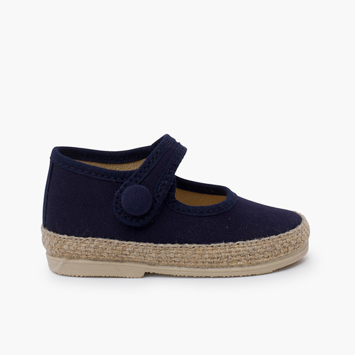 Chaussures babies en lin et jute pour bébé détail bouton Bleu Marine