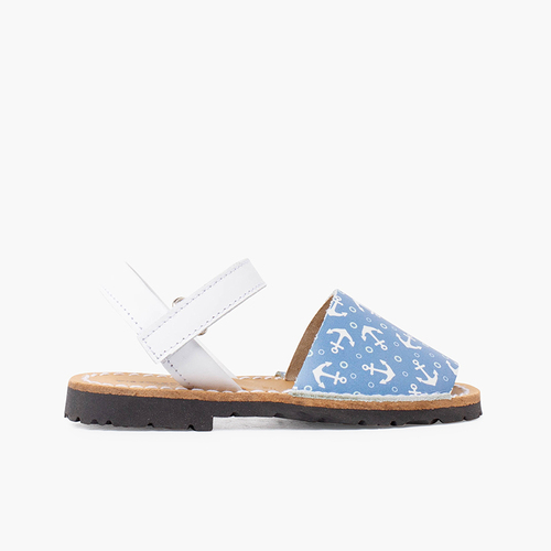 Sandales avarcas bicolores ancres enfants à scratch Jean Blanc et Bleu