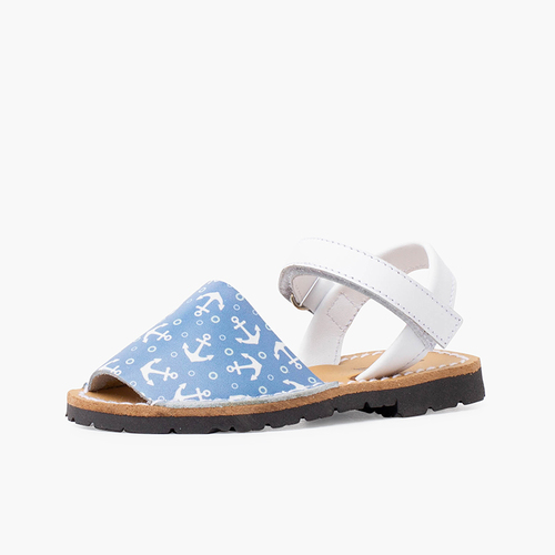 Sandales avarcas bicolores ancres enfants à scratch Jean Blanc et Bleu