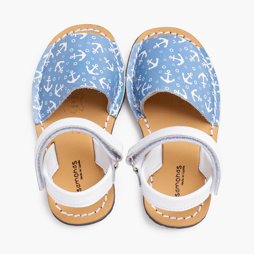 Sandales avarcas bicolores ancres enfants à scratch Jean Blanc et Bleu