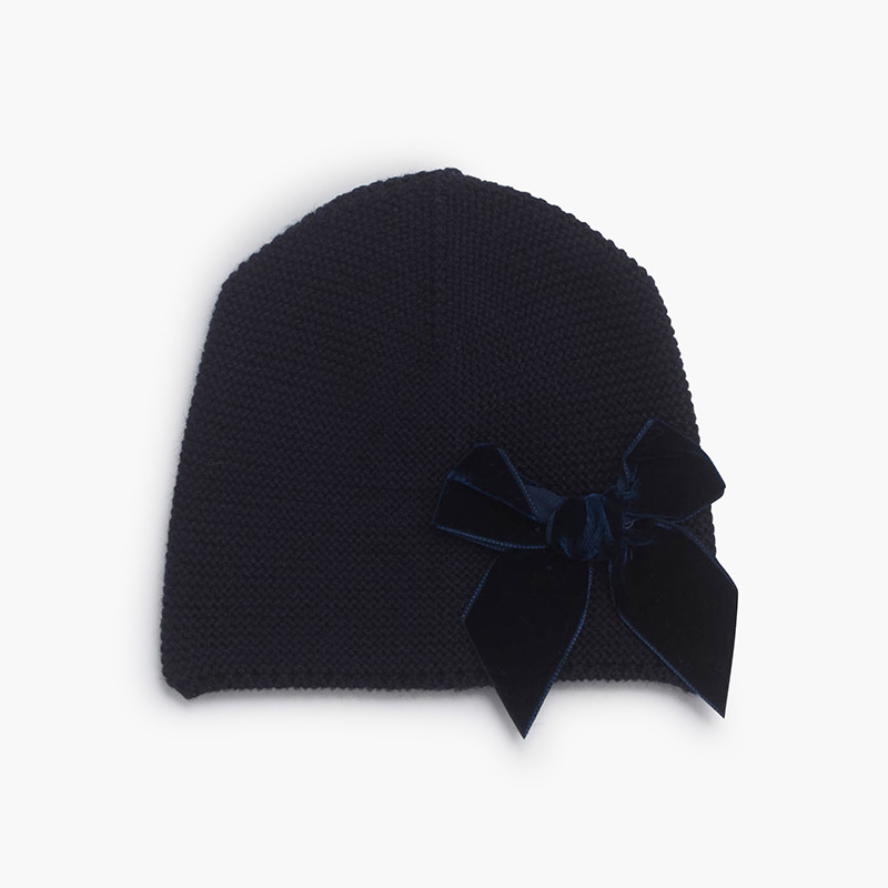 Bonnet tricoté avec nœud de velours Bleu Marine