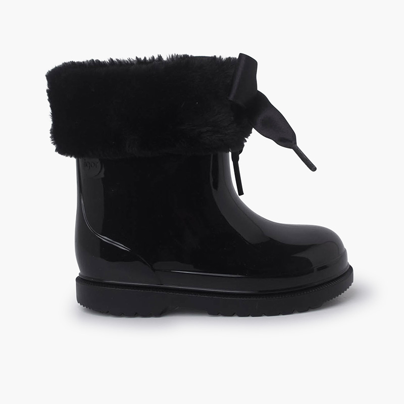 Bottes de pluie style verni et nœud en satin Noir