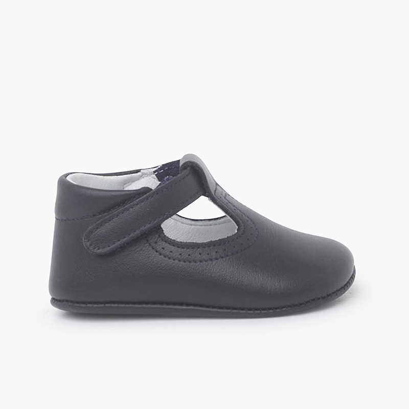 Salomés en cuir avec fermeture scratch Bleu Marine