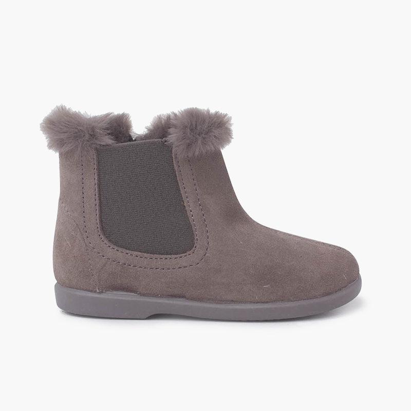 Bottines Chelsea pour filles avec col en fourrure Gris