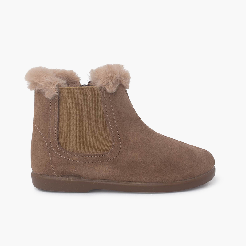 Bottines Chelsea pour filles avec col en fourrure Taupe