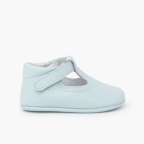 Salomés en cuir avec fermeture scratch Bleu Ciel
