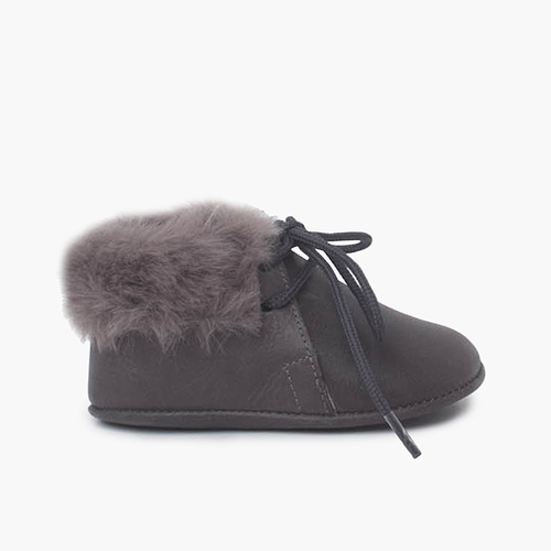 Bottines pour bébé avec lacets et col en fourrure Gris