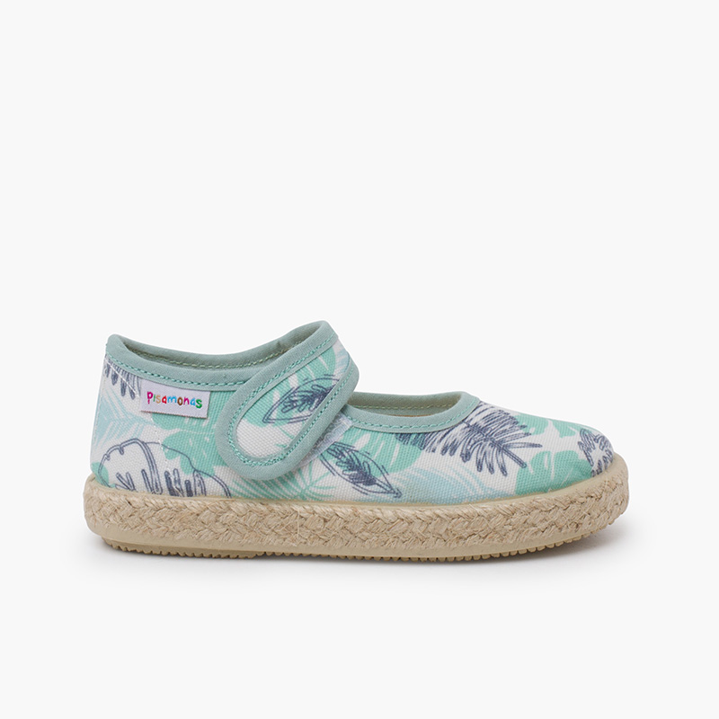 Chaussures babies semelle espadrille motif feuilles Aigue-marine