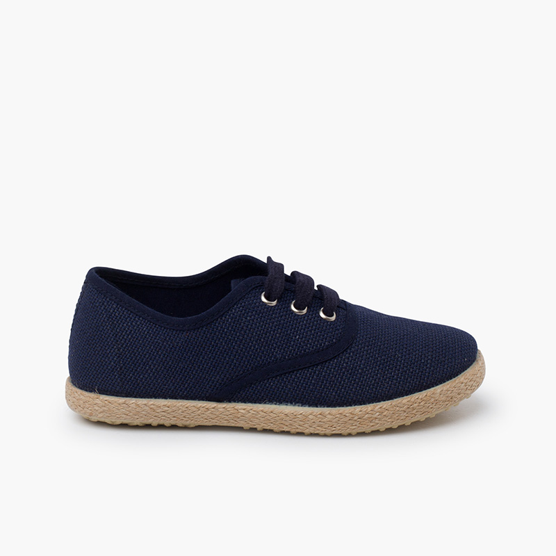 Baskets lin lacets en lin semelle espadrille Bleu Marine