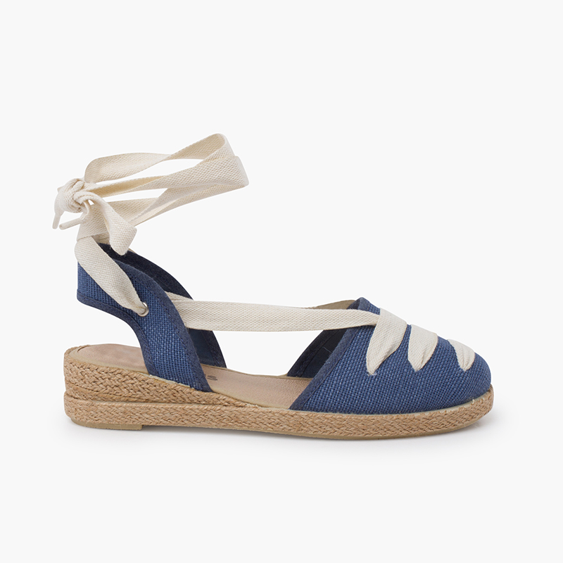 Espadrilles lin goyesque rubans semelle compensée Bleu de France