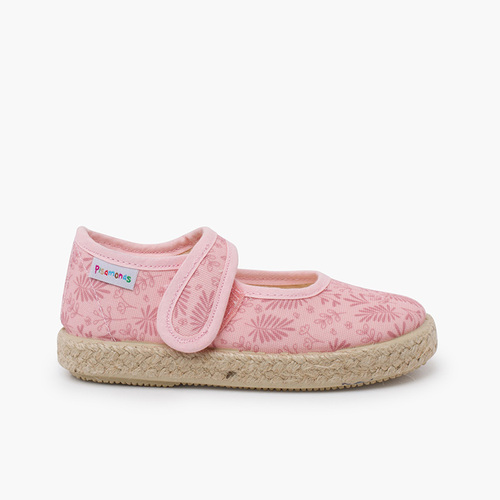 Chaussures babies semelle espadrille motif feuilles Vieux Rose
