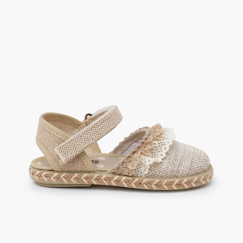 Espadrilles lin dentelles lanière adhérente Naturel