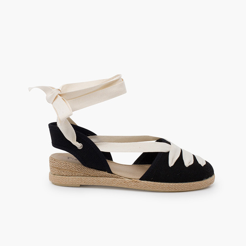 Espadrilles lin goyesque rubans semelle compensée Noir