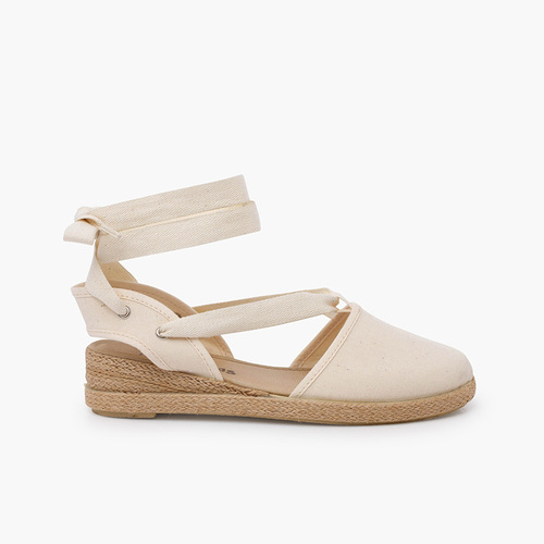 Espadrilles compensées rubans en piqué Écru